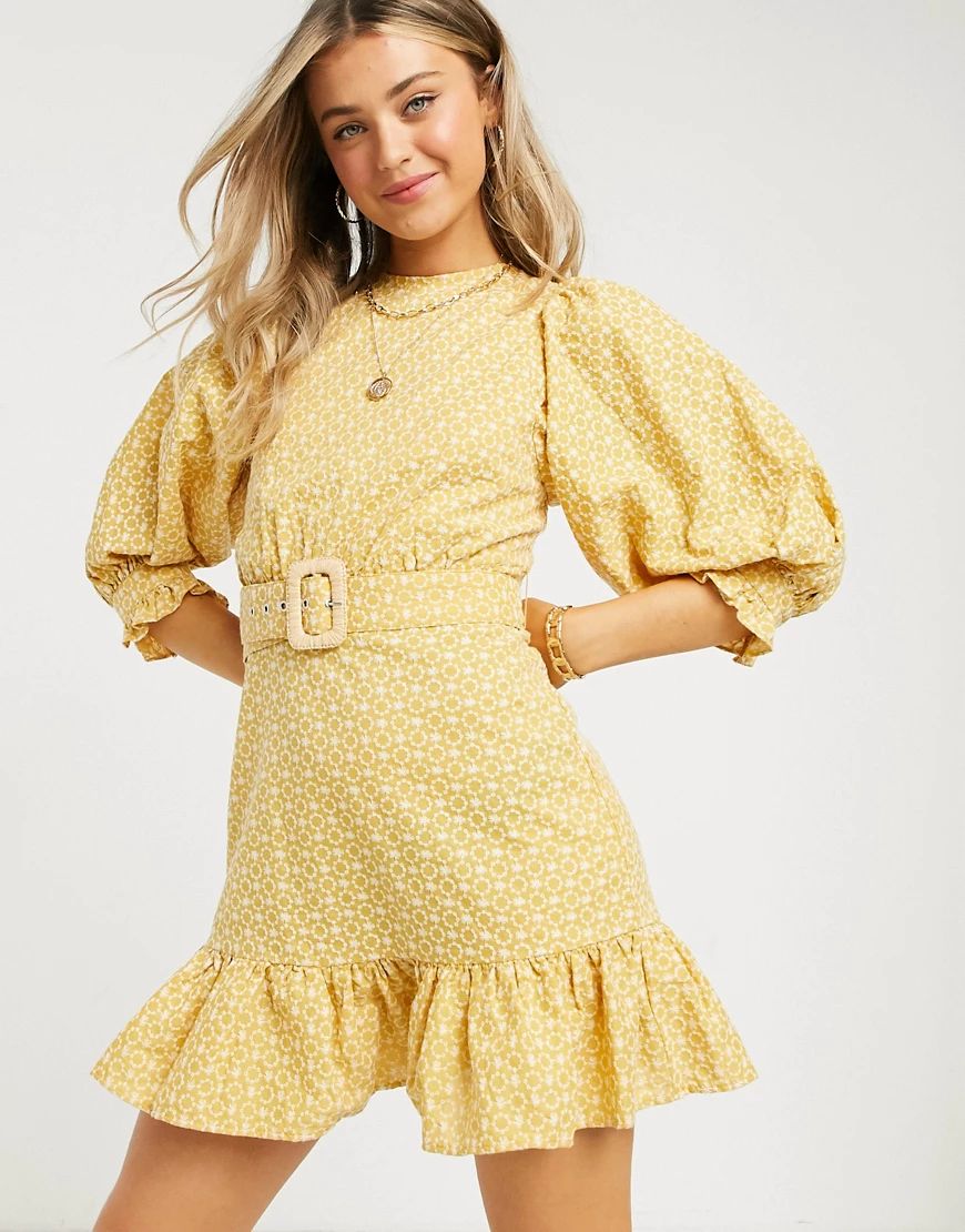 ASOS DESIGN broderie puff sleeve mini dress with pephem and eyelet back in mustard-Yellow | ASOS (Global)