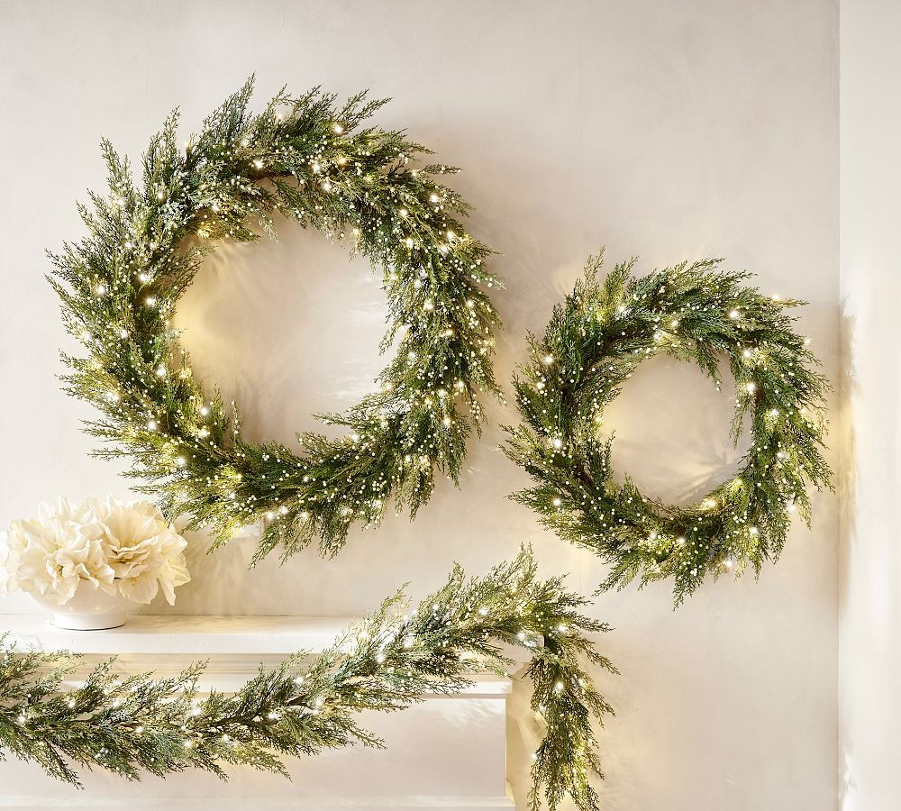 Faux Lit Cedar Berry Pine Wreath & Garland | Pottery Barn (US)