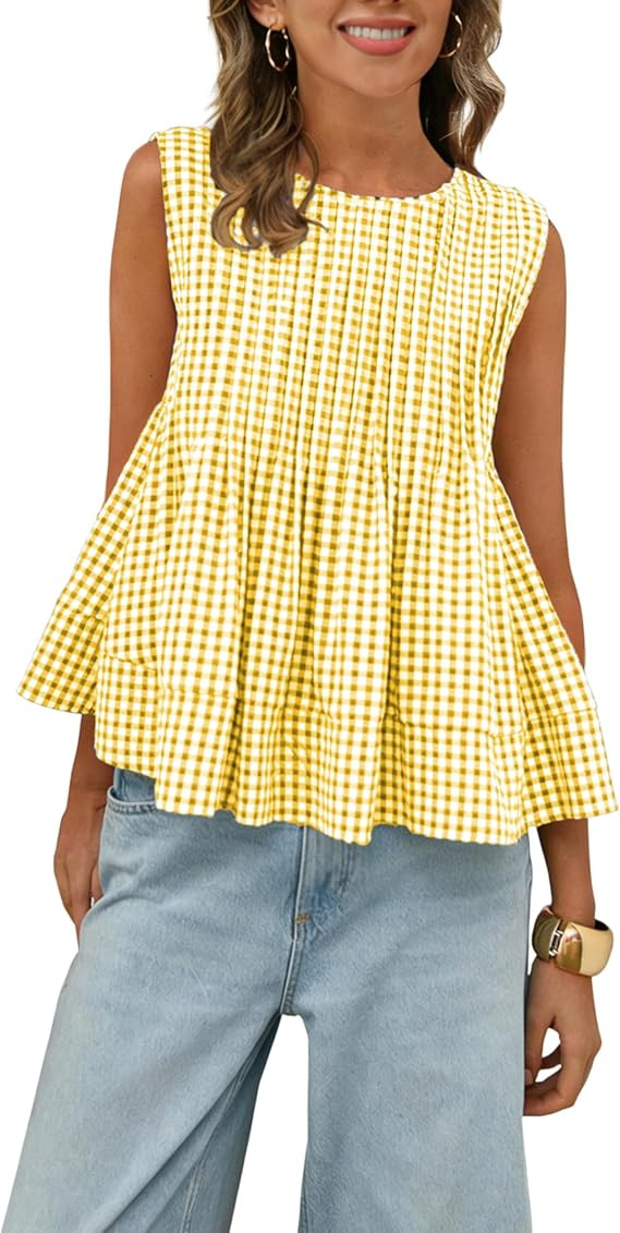 Women's Gingham Pleated Peplum Tank Tops Crew Neck Y2K Sleeveless Blouse Plaid Babydoll Tshirt | Amazon (US)