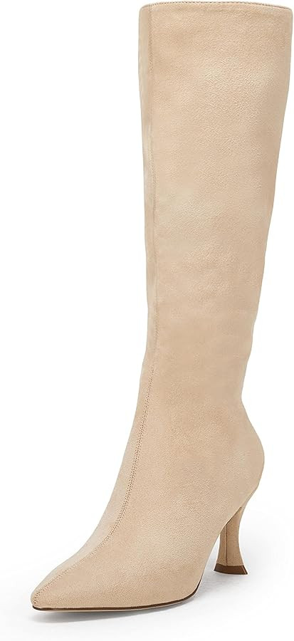 Coutgo Womens Knee High Boots Pointed Toe Kitten Heel Side Zipper Stretchy Vegan Suede Comfort Fa... | Amazon (US)