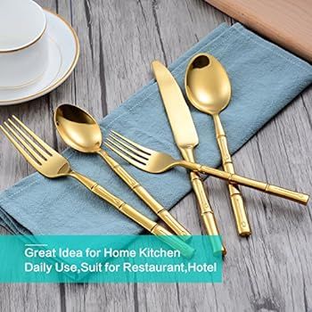 Flatasy Flatware Set Gold Silverware Set with Bamboo Pattern Mirror Polished 20 Pieces Cutlery Se... | Amazon (US)