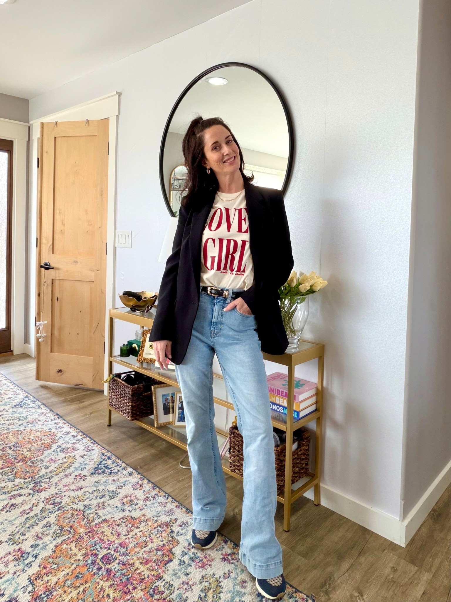I am 100% here for the 90s being back in style and part of the reason is because I pretty much have always dressed this way! I prefer timeless over heavy trends. 
Here is what I am wearing:
Lover Girl Graphic Tee from my fave @lisasmith and her fab studio, reach out to her at Smith + Co for your own or I have similar options linked!
@Aritzia Blazer
@Spanx jeans
@Madewell Belt from Nordstrom
@Sneex Shoes
@LINNY CO earrings code HBO15 to save!
@lalumierenewyork bracelet stack and necklace!

#LTKootd #LTKSpringSale #LTKOver40