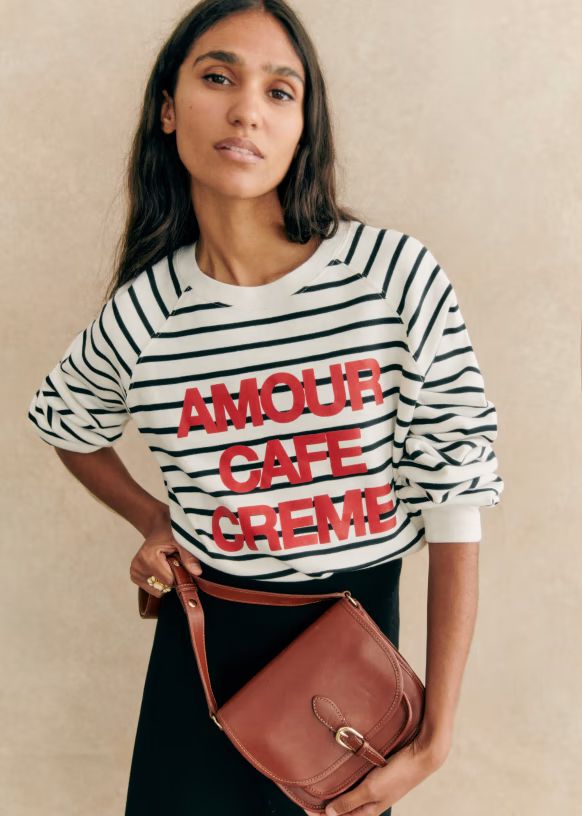 Amour Café Crème Sweatshirt - Natural / Navy - Organic Cotton - Sézane | Sezane Paris