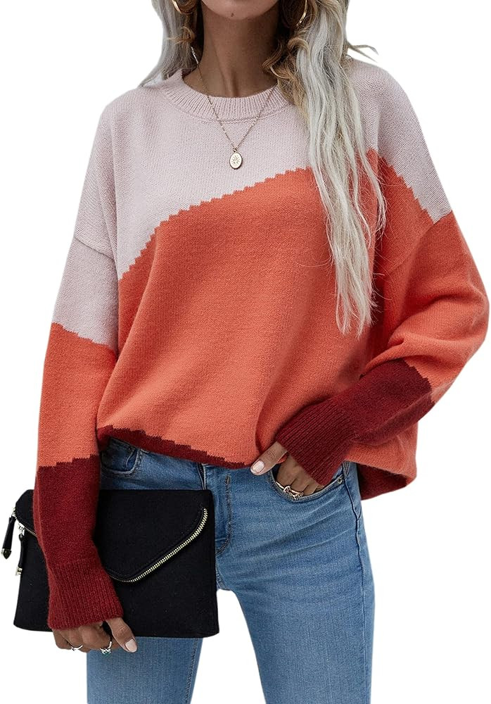 ECOWISH Women Sweater Dropped Shoulder Color Block Pullover Sweaters Long Sleeve Crewneck Patchwo... | Amazon (US)