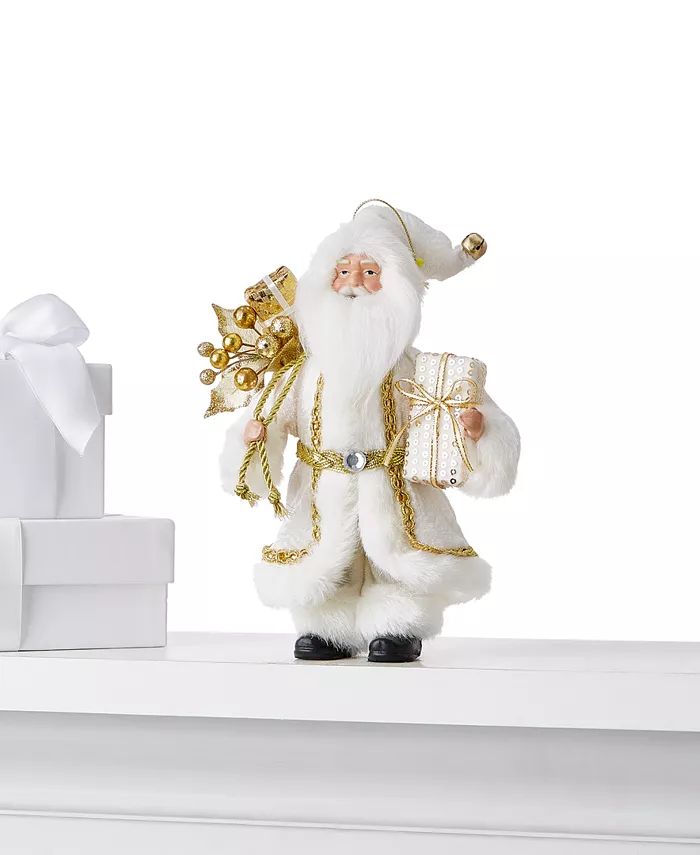 Holiday Lane Santa Ornament in Gold-Tone Trimmed White Outfit Holding Gift & Gift Bag, Created fo... | Macys (US)