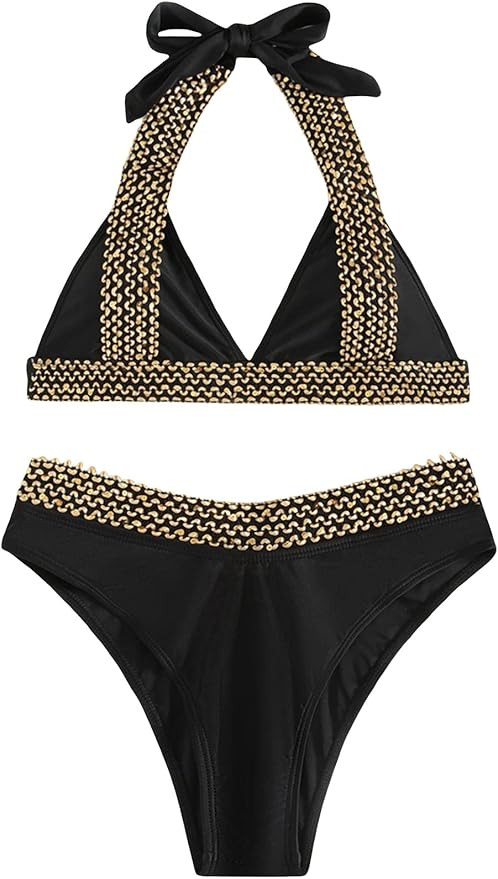 GORGLITTER Women's 2 Piece Stitch Swimsuit Halter Bikini Bra and Thong Bikini Sets | Amazon (US)