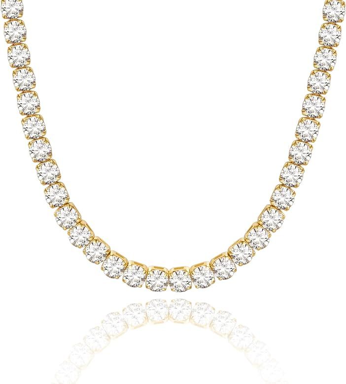 KissYan Diamond Tennis Necklace for Women, 14K/White Gold Plated Cubic Zirconia Baguette Tennis C... | Amazon (US)