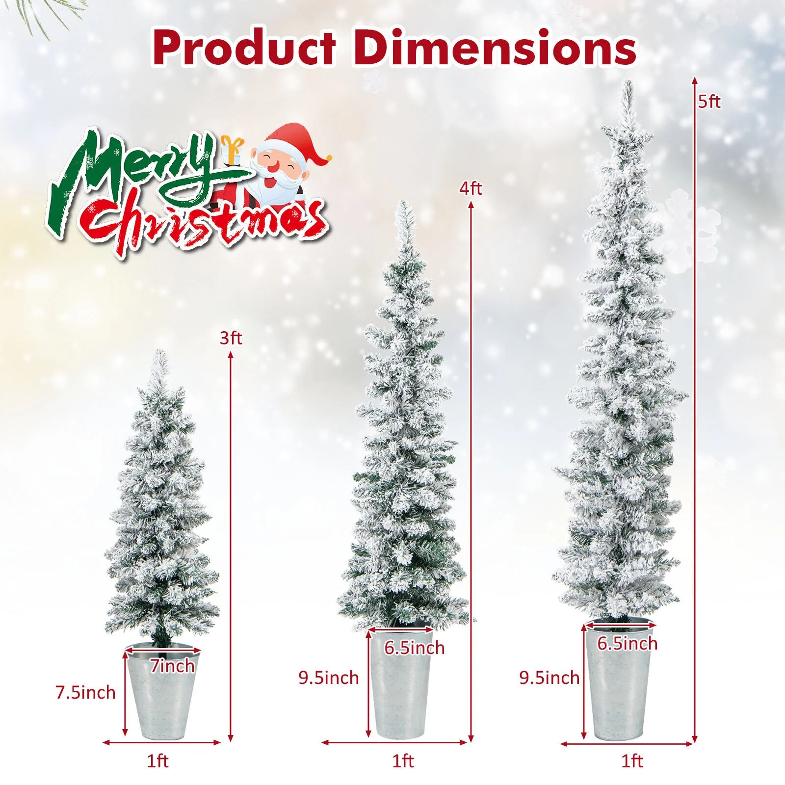 Primejoy Potted Artificial Christmas Tree Set of 3 3/4/5 FT Snow-Flocked Slim Faux Trees | Walmart (US)