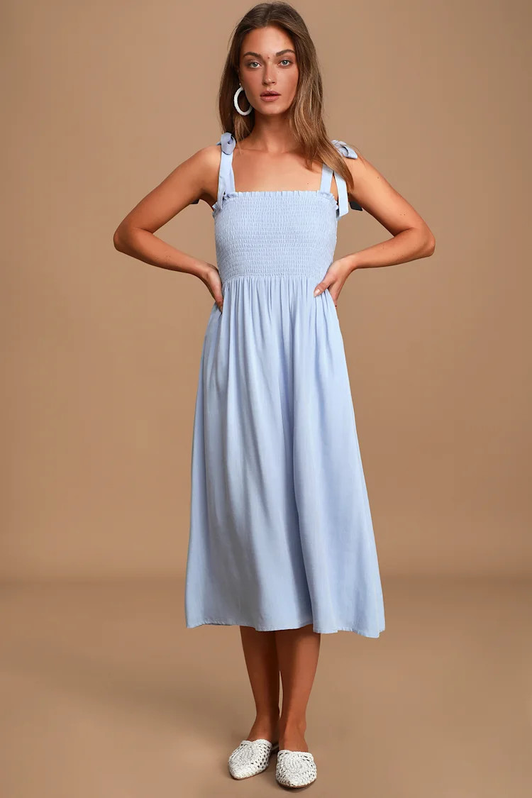Looking Up Light Blue Smocked Tie-Strap Midi Dress | Lulus