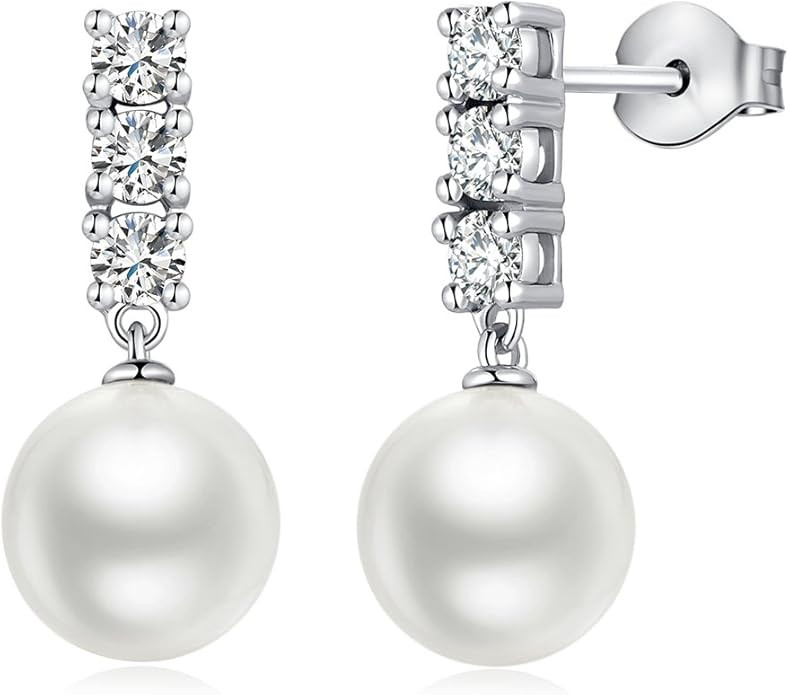 Han han Pearl Stud Earrings for Women 925 Sterling Silver, Pearl Jewelry Gift for Women 8MM-13MM | Amazon (US)