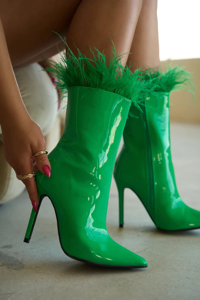 Miss Lola | Green Feather Ankle Boots | MISS LOLA