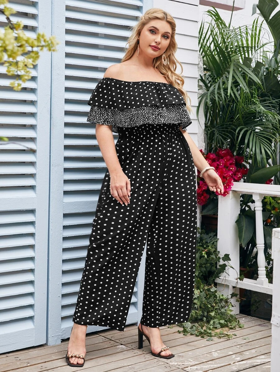 SHEIN Plus Flounce Off Shoulder Polka Dot Palazzo Jumpsuit | SHEIN