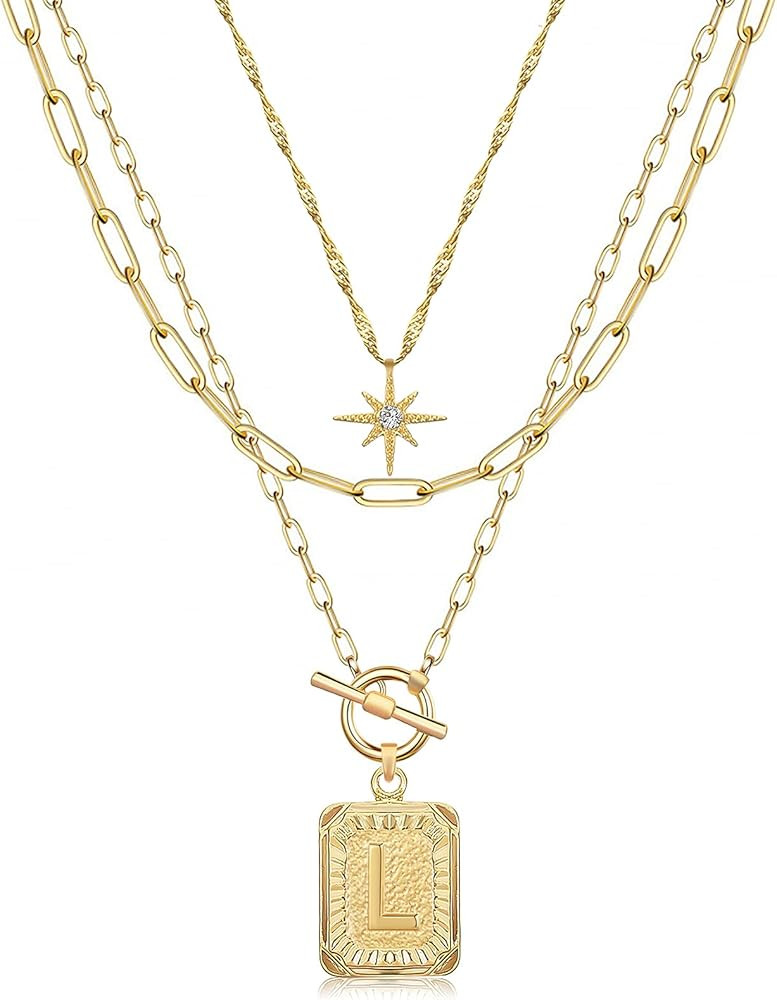 Amazon.com: MJartoria Layered Initial Necklaces for Women Trendy, 14K Gold Plated Simple Star Cho... | Amazon (US)
