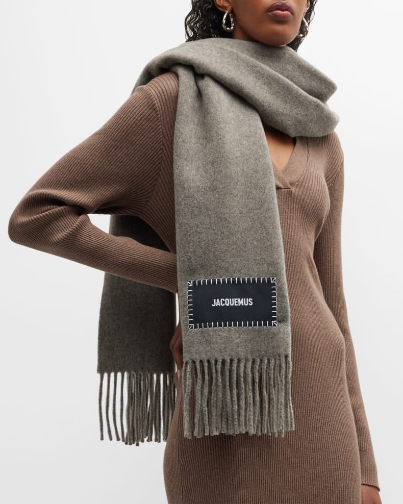 Jacquemus L Echarpe Logo Wool Fringe Scarf | Neiman Marcus