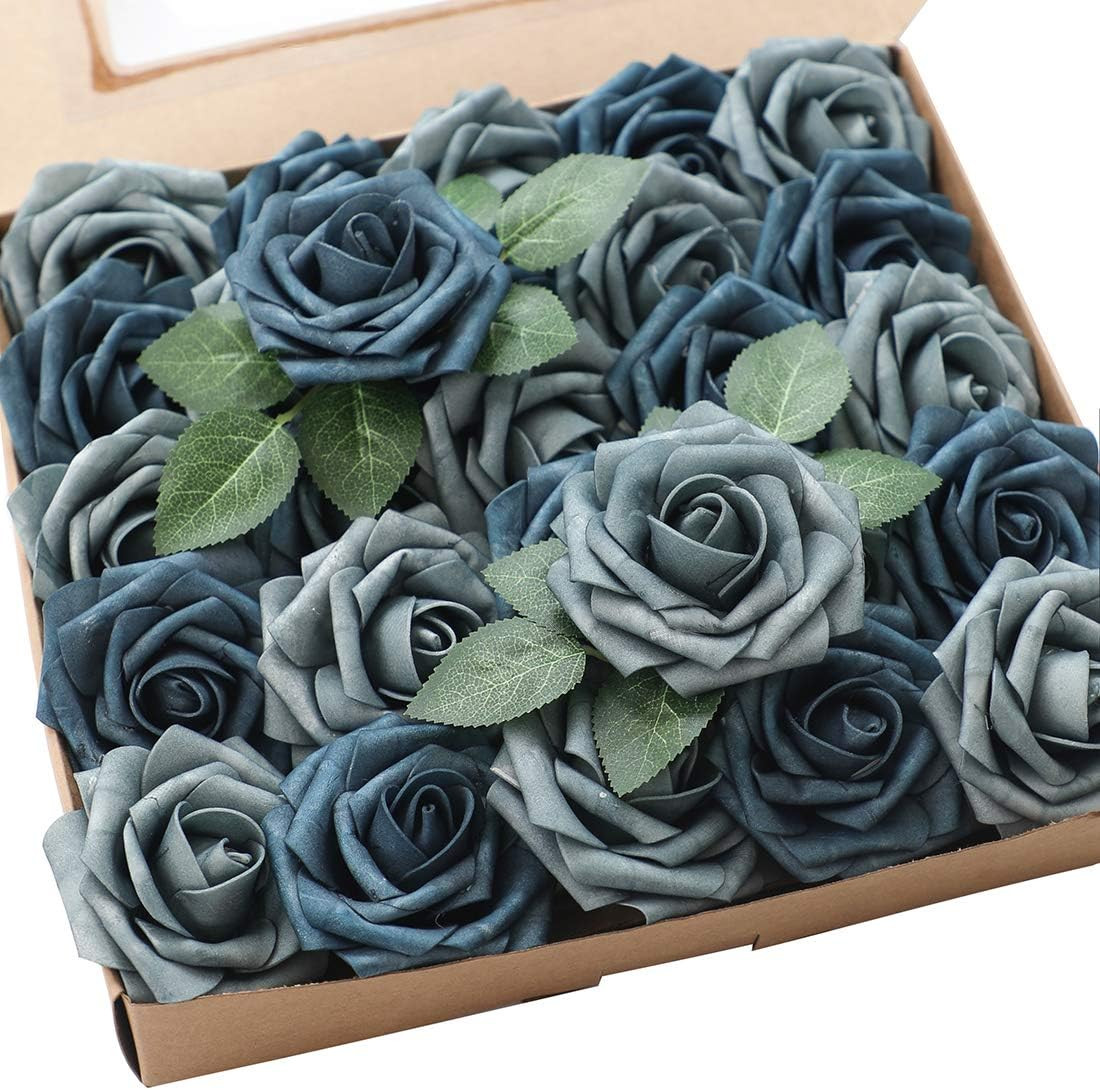 Floroom Artificial Flowers 25pcs Real Looking Dusty Blue Foam Fake Roses with Stems for DIY Weddi... | Amazon (US)