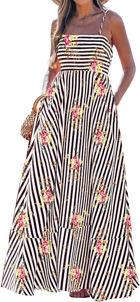popvil Women Summer Maxi Dress 2026 Spaghetti Strap Long Beach Dress Boho A-Line Flowy Casual Sle... | Amazon (US)