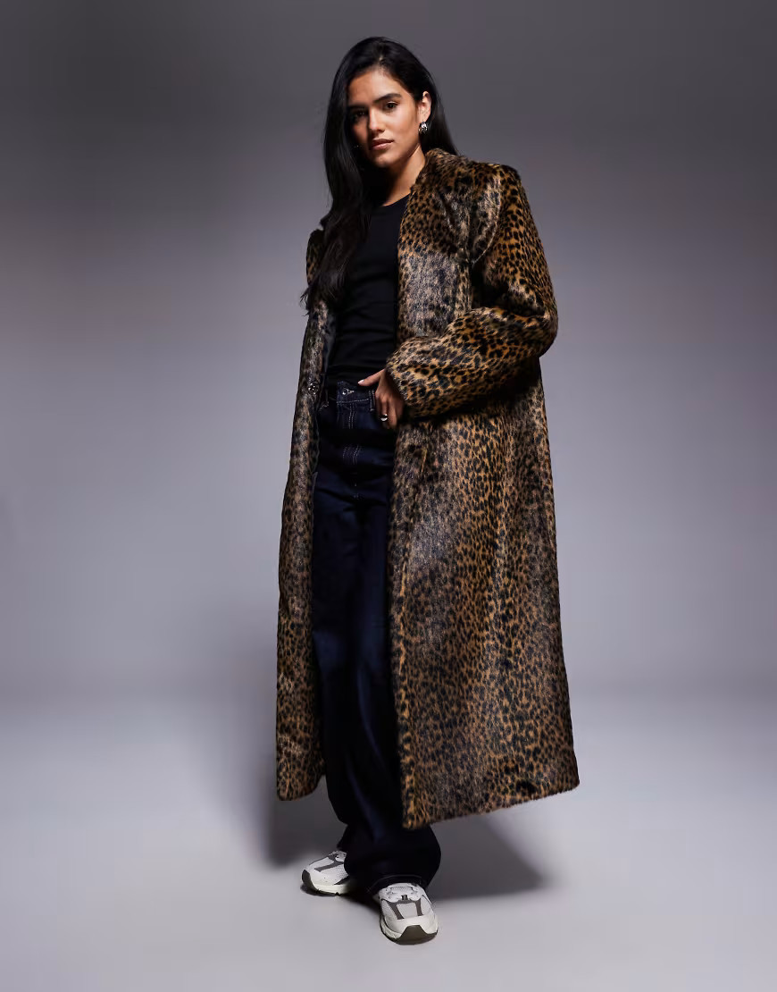ASOS DESIGN faux fur dad coat in pony skin leopard-Multi | ASOS (Global)