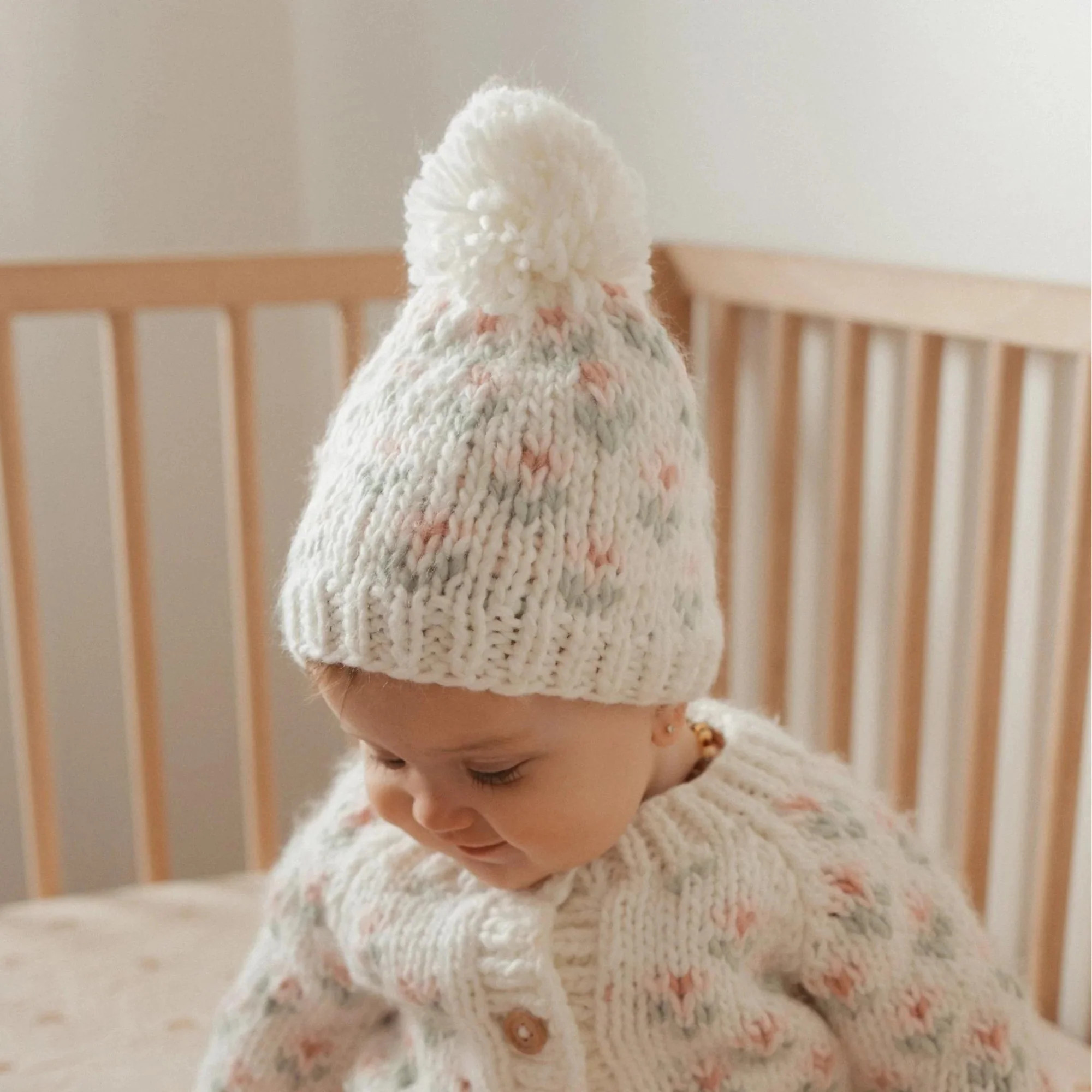 Bitty Blooms Knit Pom Hat, Blush | SpearmintLOVE