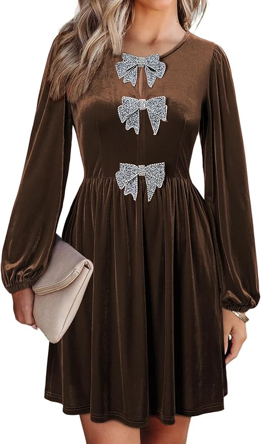 Happy Sailed Womens Velvet Dress Fall Winter Long Sleeve Front Bowknot High Waisted A Line Cockta... | Amazon (US)