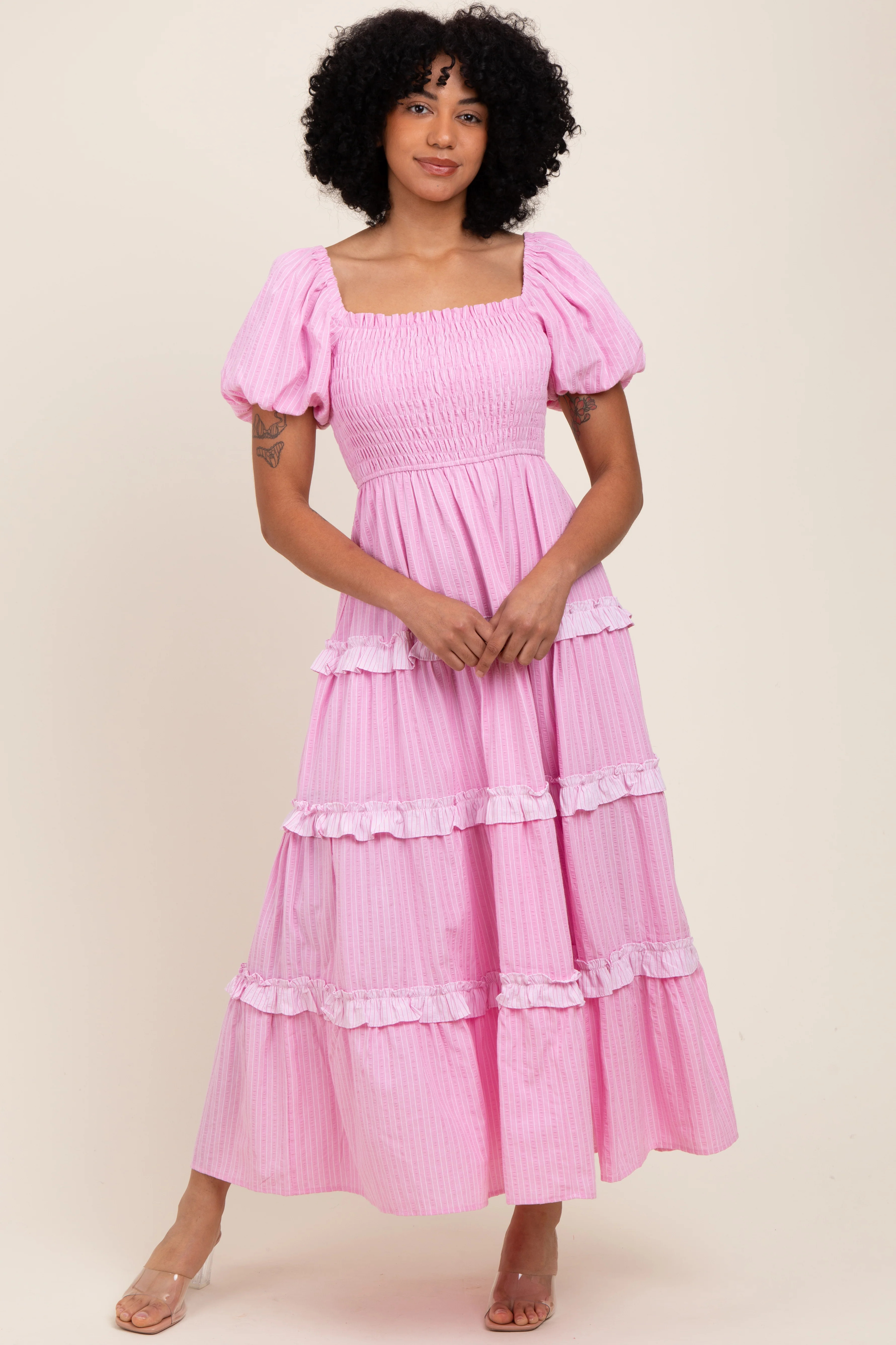 Pink Smocked Ruffle Tiered Puff Sleeve Maxi Dress | PinkBlush Maternity