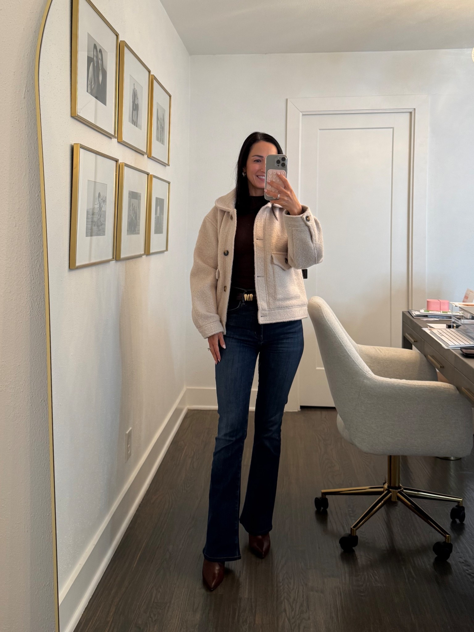 OOTN🤎 Saturday night dinner slim bootcut denim brown top, belt, & boots, cream jacket 

#LTKPetite #LTKFindsUnder100 #LTKOver40