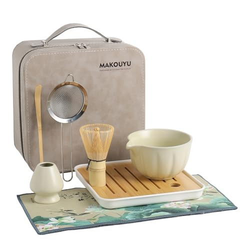 MAKOUYU Matcha whisk Set, 8 Pcs Matcha Set with Holder/Scoop/Sifter/Leather Storage Box, 14 OZ,Perfect Matcha Kit for Tea Ceremony,Japanese Tea Making Tools (Beige) | Amazon (US)