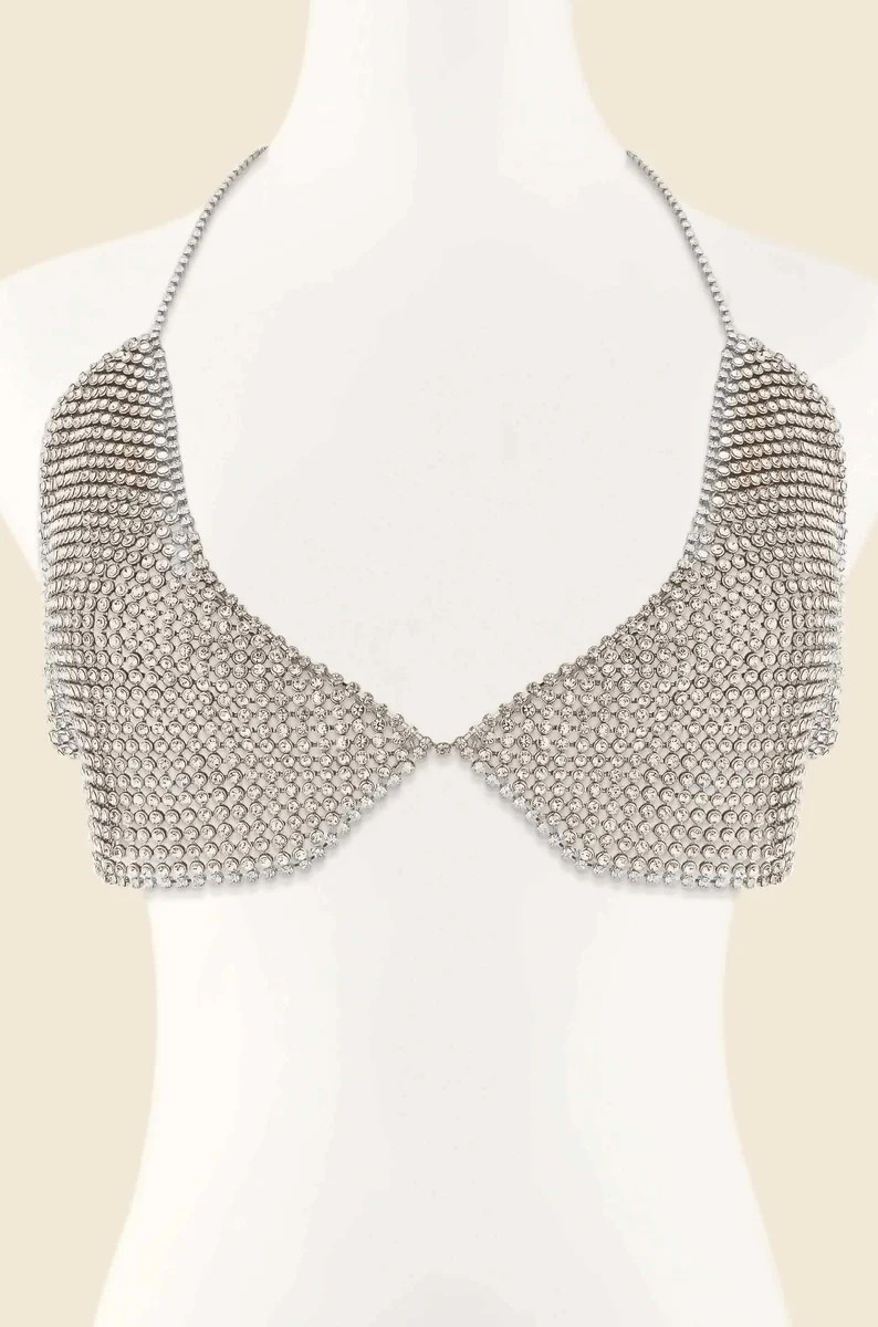 Limelight Crystal and Rhodium Bikini Top Body Chain | Ettika