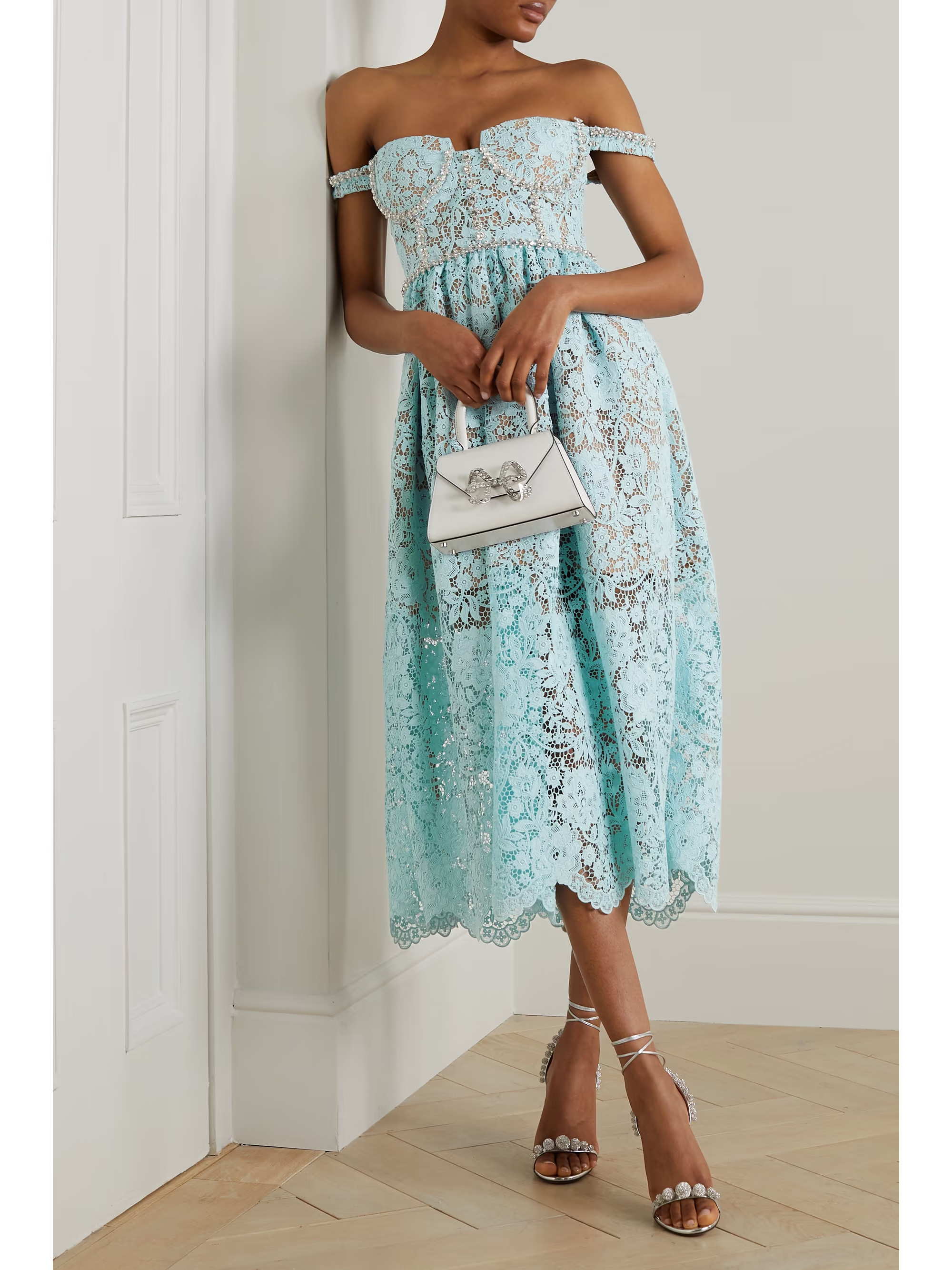 Off-the-shoulder crystal-embellished corded guipure lace midi dress | NET-A-PORTER (US)