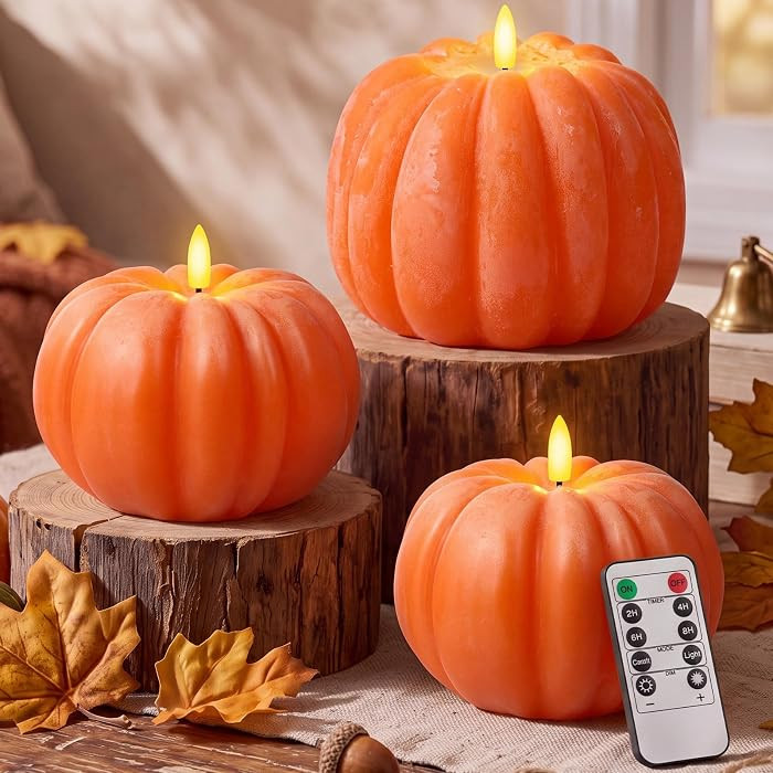 Flameless Pumpkin Candles Timer Remote, 3 Pcs, Orange | Amazon (US)