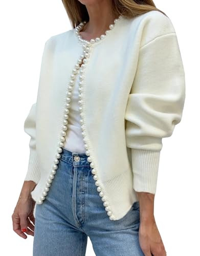 Kedera Women's Pearl Cardigan Sweater 2026 Spring Casual Knitted Long Sleeve Pearls Trim Open Front Outerwear Coat Trendy Clothes White | Amazon (US)