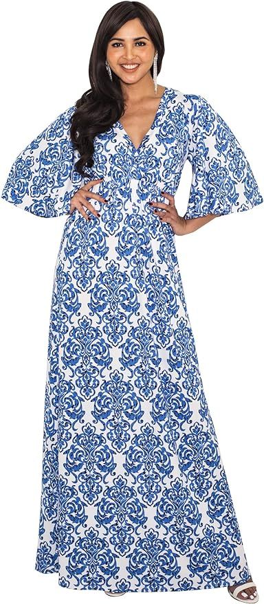 KOH KOH Womens Long 3/4 Sleeve V Neck Bohemian Print Flowy Maxi Dress Gown | Amazon (US)