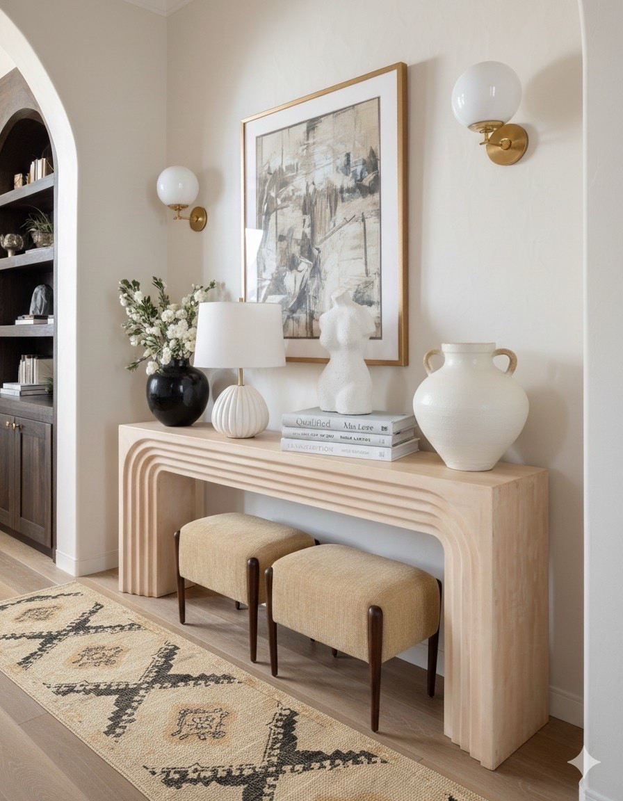A warm and textural foyer that blends sculptural lines with soft, neutral tones.
The natural wood console table features layered, carved edges in a light sand finish, adding organic movement and a modern coastal feel. Beneath it, a pair of bouclé inspired upholstered stools in a warm camel beige bring softness and contrast with their dark walnut legs.

On top of the console, ivory ceramic vases and a matte white sculptural bust add curated texture, while a ribbed white table lamp introduces subtle dimension and soft ambient light. The large abstract wall art ties the palette together with warm taupe, sandstone, charcoal, and cream brushstrokes, framed in a sleek brushed gold frame for a touch of understated shine.

A woven jute runner in tan and black geometric patterns grounds the space with natural texture, and the brass globe sconces cast a warm glow that highlights every material detail.

✨ Shop the look:
• Light sand carved wood console table
• Camel beige upholstered stools with walnut legs
• Textured ivory ceramic vases
• Sculptural matte white torso decor
• Ribbed white modern table lamp
• Taupe + charcoal abstract art in brushed gold frame
• Tan and black geometric jute runner
• Brass round globe wall sconce
@Crate & Barrel 

#LTKSaleAlert #LTKHome