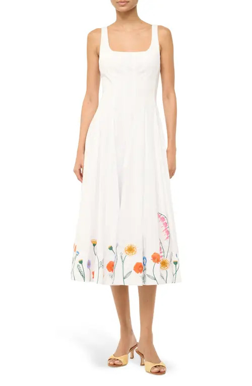 STAUD Wells Embroidered Sleeveless Midi Dress in Seed Shop at Nordstrom, Size 8 | Nordstrom