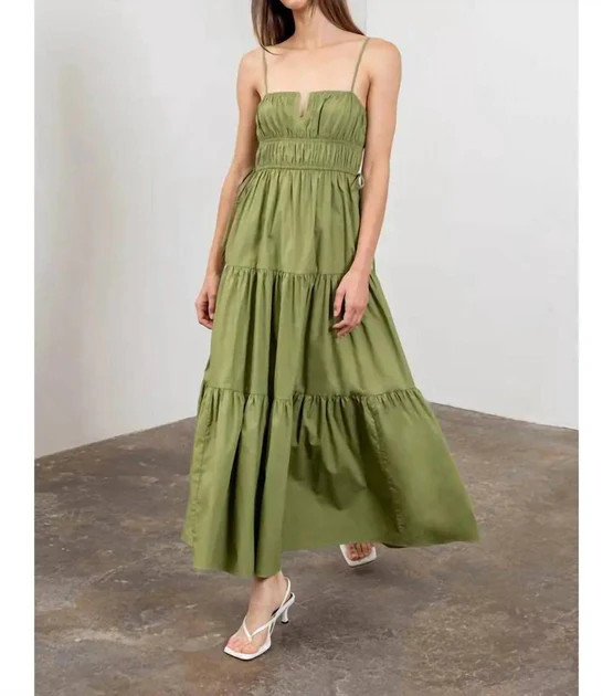 Shirred Waist Tie Tiered Dress In Green | Shop Simon