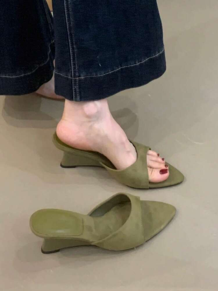 Women's Pointed Toe Wedge Slide Sandals, New Summer Slip-On Slippers, Niche Design High Heel Shoes | SHEIN