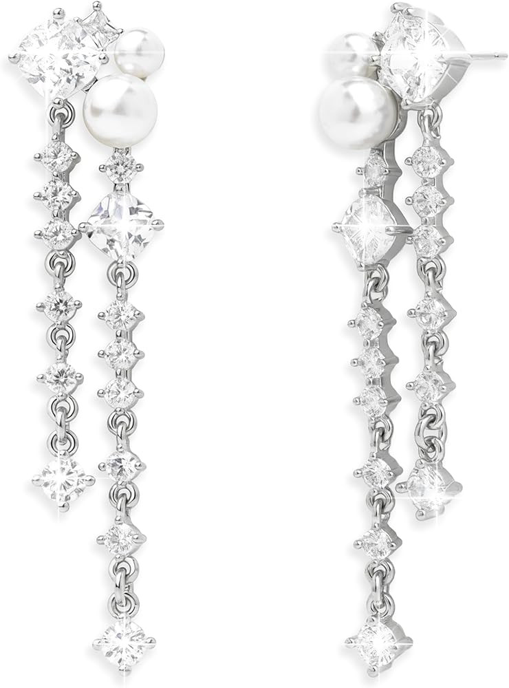 Sonateomber Long Pearl Dangle Drop Earrings for Women, Sparkly CZ Rhinestone Tassel Dangling Eari... | Amazon (US)