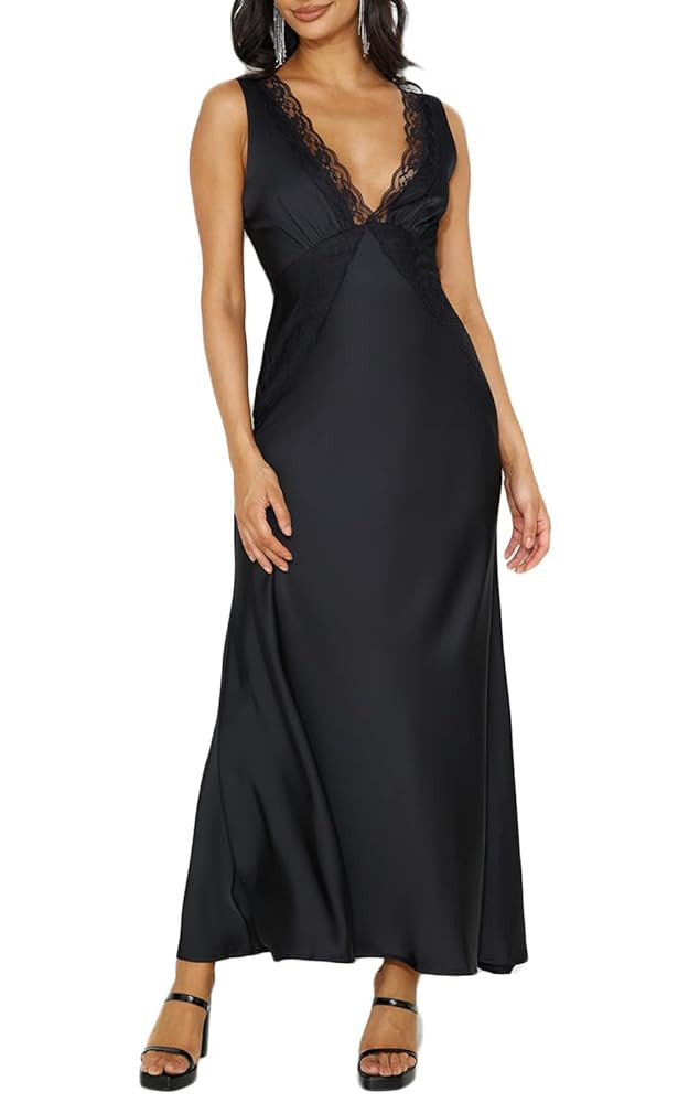 Summer Satin Lace V Neck Backless Wedding Guest Maxi Dresses for Women Elegant Sleeveless Open Ba... | Amazon (US)