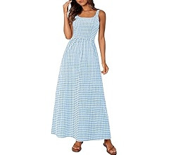 PRETTYGARDEN Women's 2025 Summer Spaghetti Strap Maxi Dresses Plaid Square Neck A Line Casual Bea... | Amazon (US)