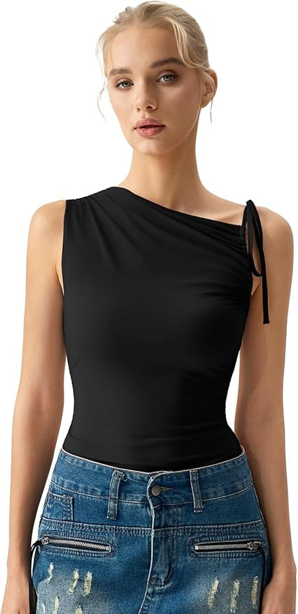 QINSEN Women's Sleeveless Tank Tops High Neck Double Lined Summer Crop Going Out Shirts | Amazon (US)