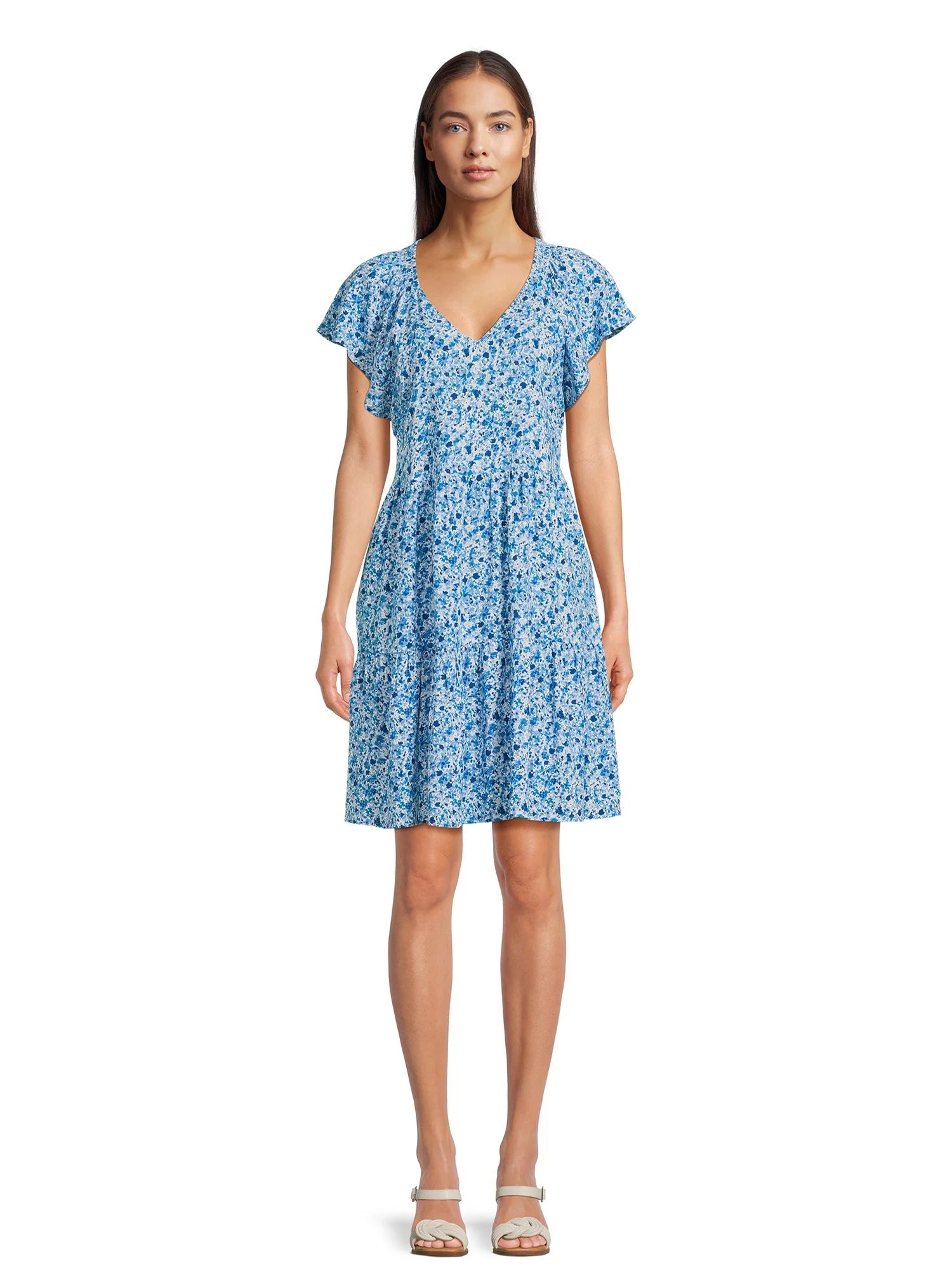 Time and Tru Women's Tiered V-Neck Dress with Flutter Sleeves, Sizes XS-XXXL | Walmart (US)