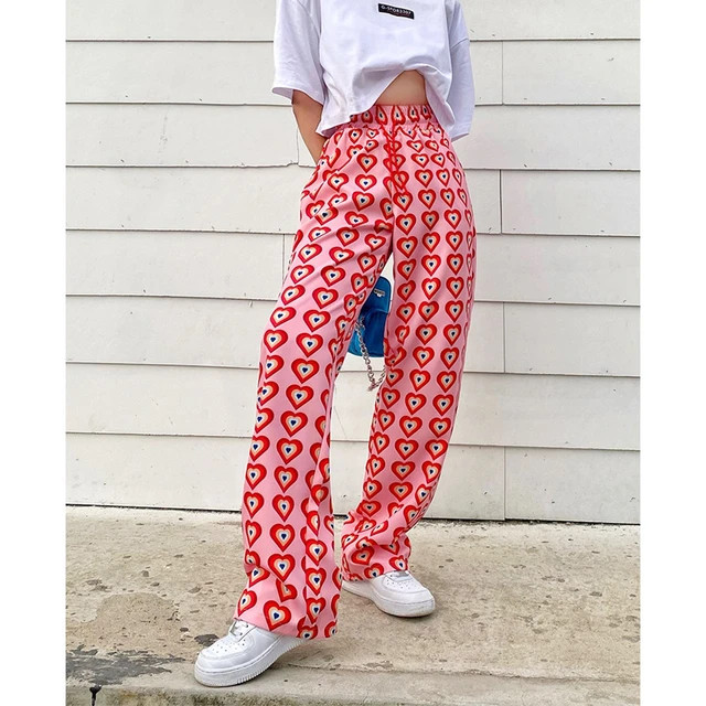 Missnight calça rosa de coração estampado, calça reta com elástico, cintura alta, cordão fa... | Aliexpress BR (BR)