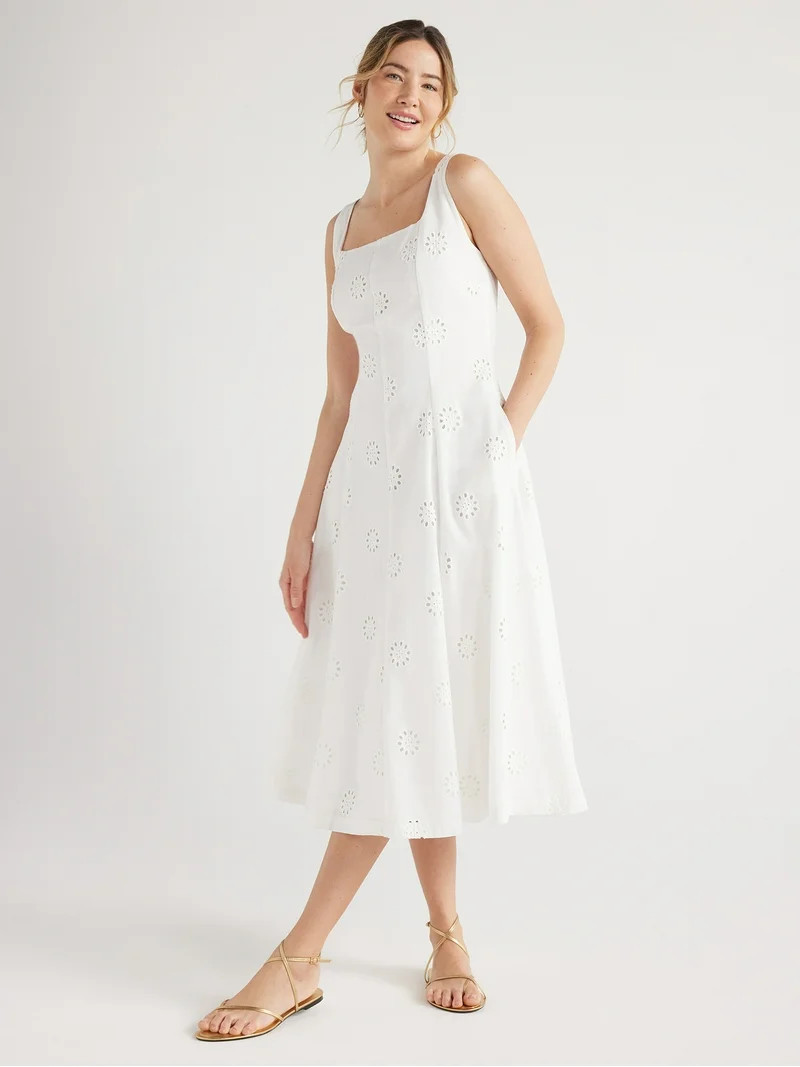 Free Assembly Women's Sleeveless Cotton Eyelet Panel Midi Dress, Sizes XS-XXL | Walmart (US)