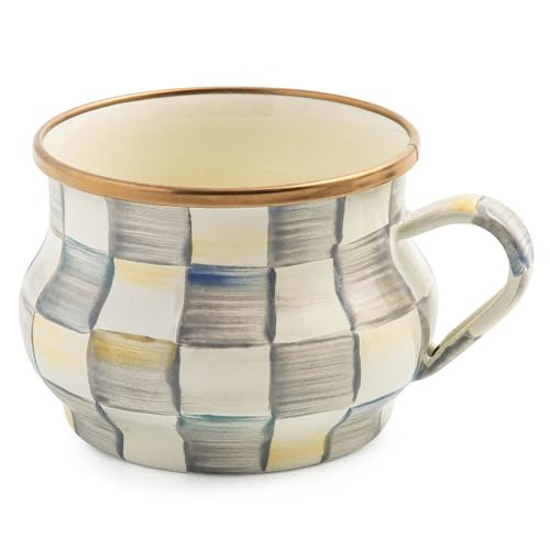 MACKENZIE-CHILDS Enamel Teacup, Unique Coffee and Tea Mug, Enamel Cup for Hot Tea, 10 Ounces, Gray-and-White Sterling Check | Amazon (US)