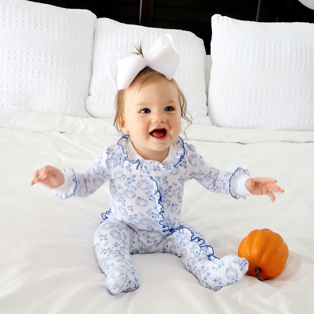 Pumpkin Royal Blue Toile Zip Sleeper | Classic Whimsy