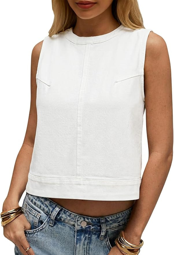 Cicy Bell Womens Denim Tank Tops Crew Neck Summer Casual Sleeveless Shirts Cropped Loose Fit Jean... | Amazon (US)