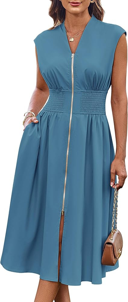 GRACE KARIN Womens Summer Casual Dress V Neck Cap Sleeve Zipper Front Flowy Midi Dress with Pocke... | Amazon (US)