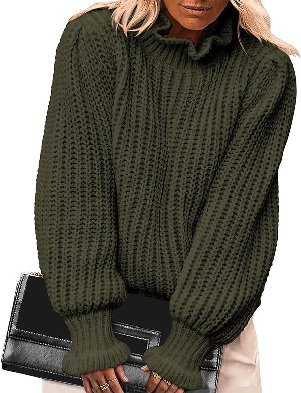 KIRUNDO Women's 2023 Fall Winter Trendy Long Sleeve Flare Turtleneck Sweater Soft Casual Loose Ch... | Amazon (US)