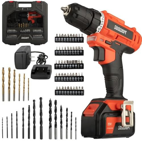 71-Piece Drill Set - 20V Cordless Drill with 21+1 Torque and Accessory Kit with Rechargeable Battery, LED Light, and Drill Bit Set by Stalwart (Red) | Amazon (US)