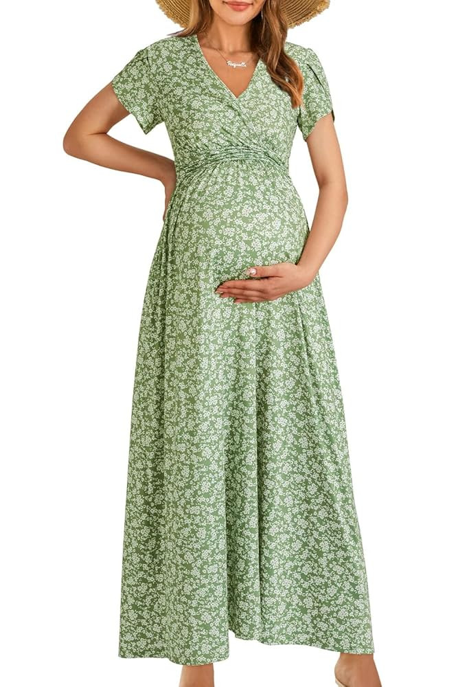 OUGES Maternity Maxi Dress Wrap V Neck Baby Shower Pregnancy Dresses for Photoshoot | Amazon (US)
