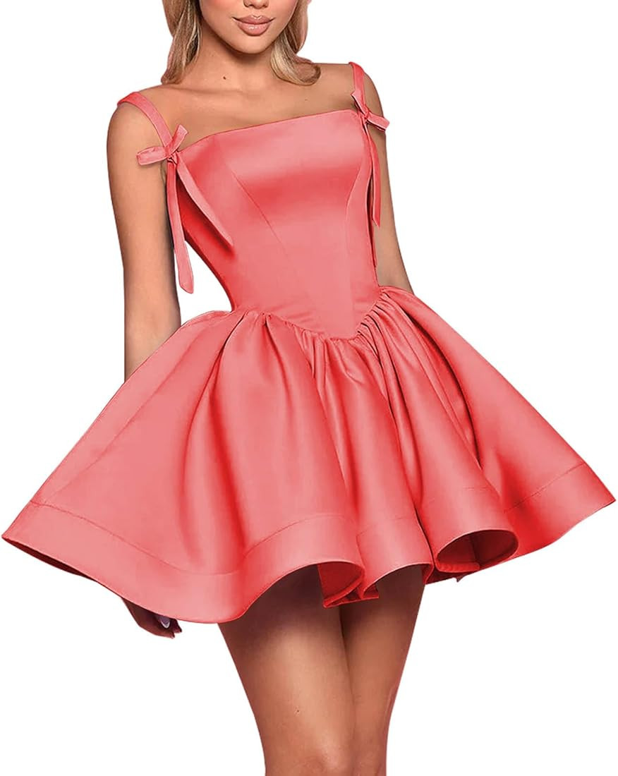 GUKARLEED Satin Homecoming Dresses for Teens with Bow Puffy A-Line Short Prom Dress Scoop Neck HO... | Amazon (US)
